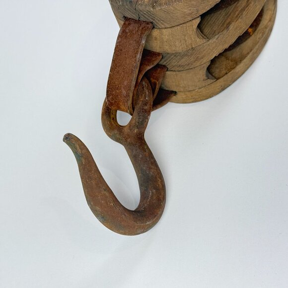 Antique Wooden Double Pulley Block w/ Metal Hook Rustic Farmhouse Barn Decor - Picture 4 of 14